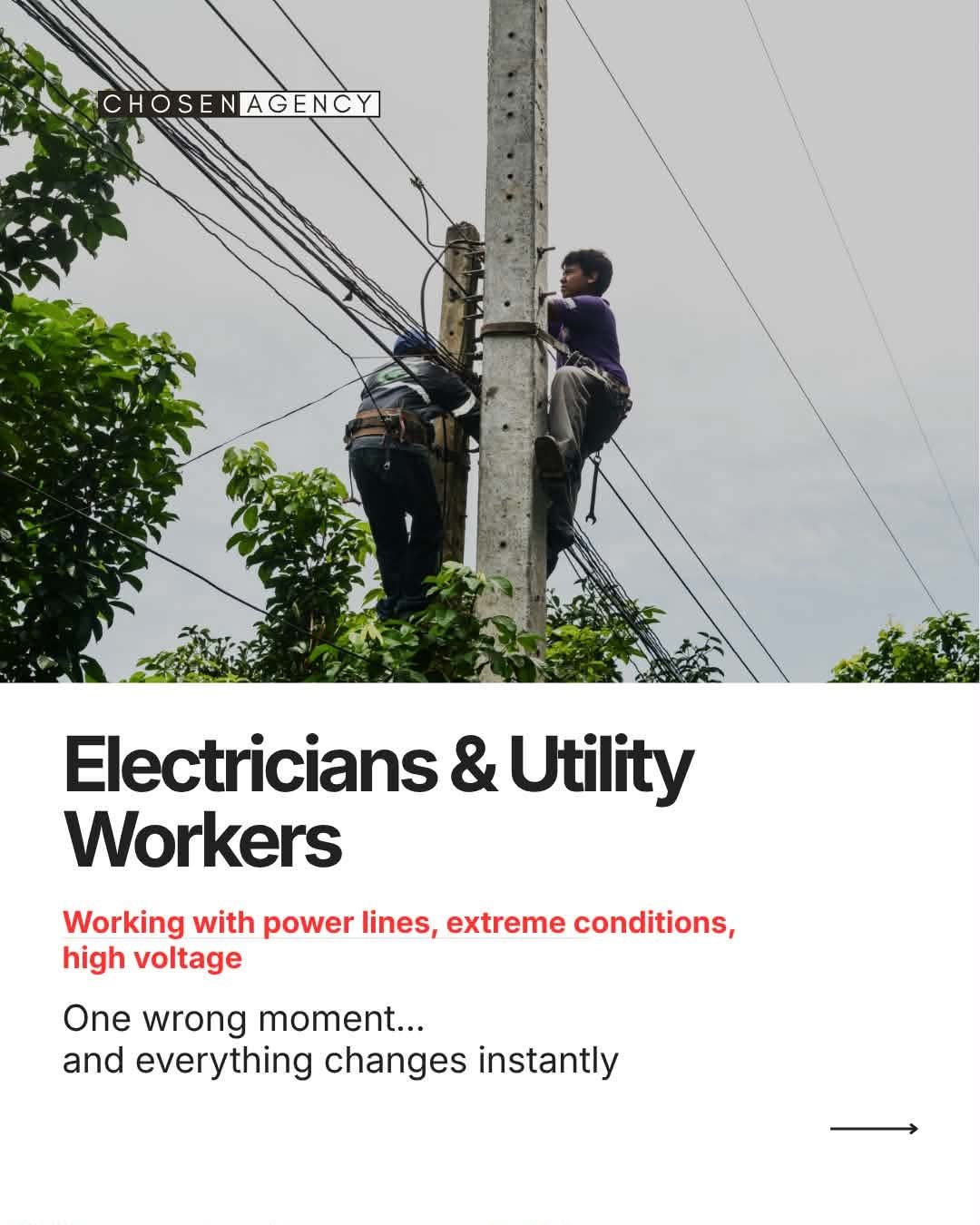 Electricians and utility workers — power lines, high voltage
